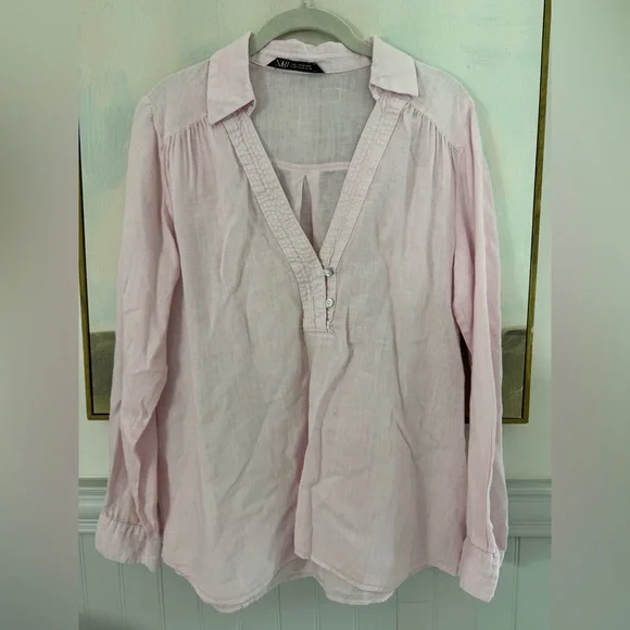ZARA Light Pink Linen Vneck Tunic Top Size - Picture 2 of 5